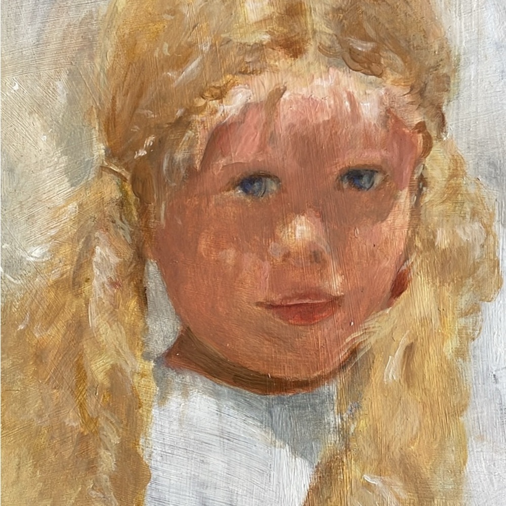 Original oil painting of a young girl with ponytails
